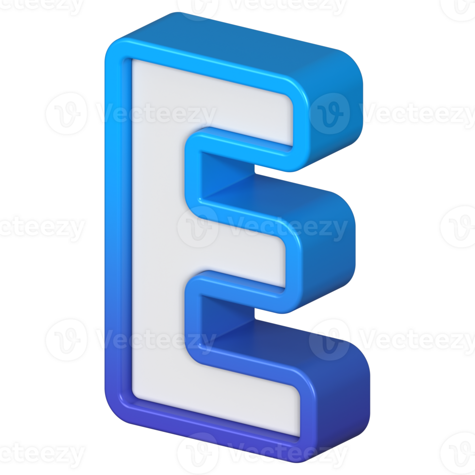 Isometric view of bold Letter E, stands out with its striking blue and white gradient, ready for visual communication, emphasizing clarity and modern feel, 3d rendering png
