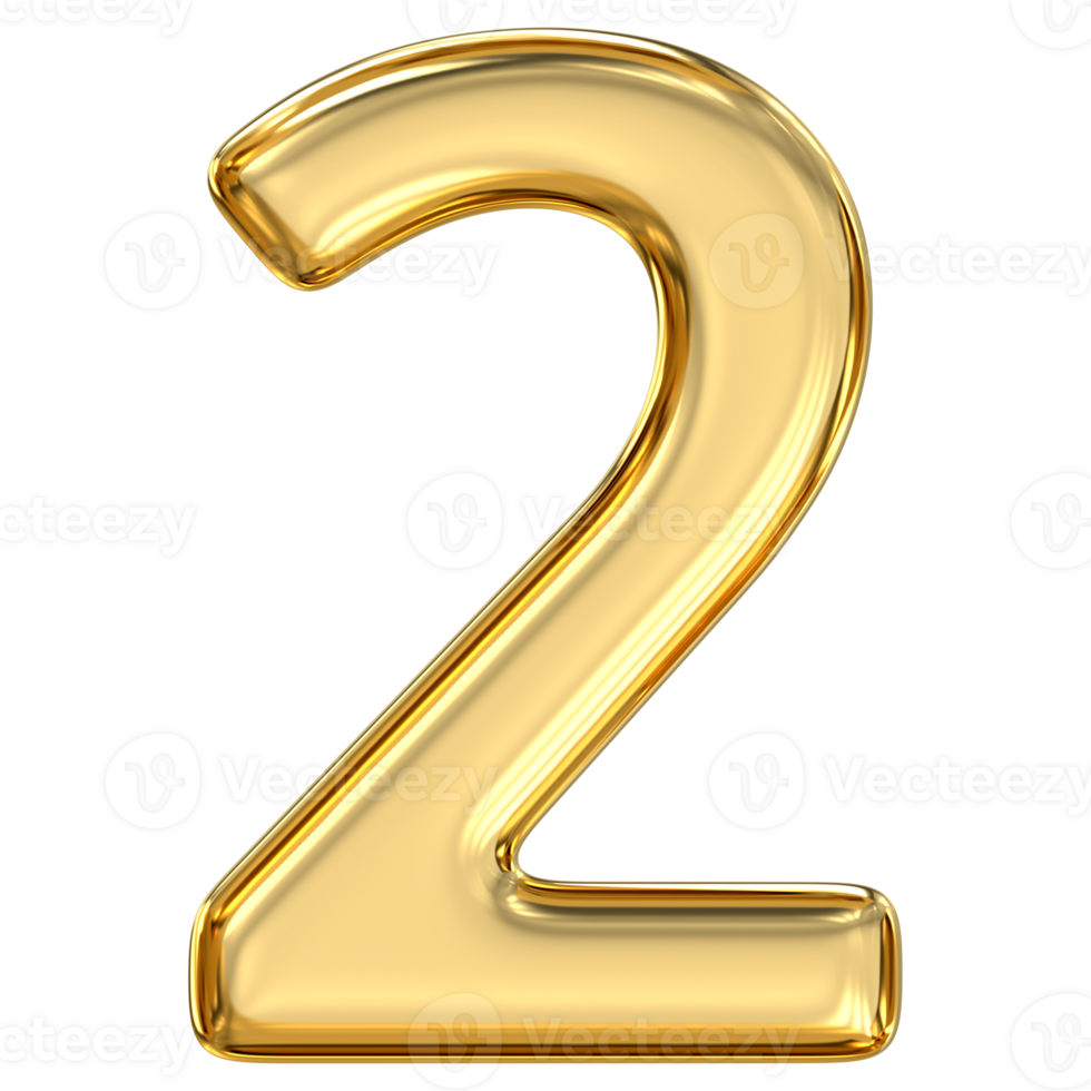 Golden Number 2, pristine, glossy golden number two gleams, symbolizing harmony, balance, and graceful duality in elegant 3D form, 3d rendering png