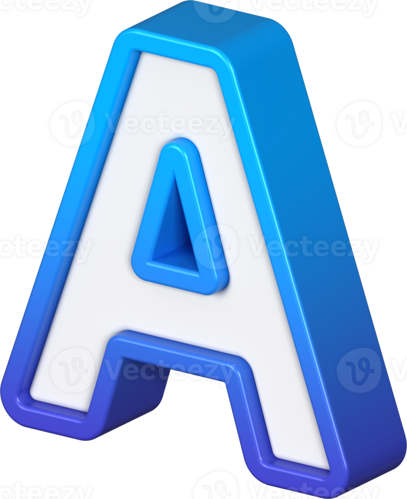 Isometric view of bold Letter A, stands out with its striking blue and white gradient, ready for visual communication, emphasizing clarity and modern feel, 3d rendering png