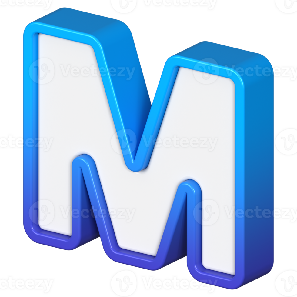 Isometric view of bold Letter M, stands out with its striking blue and white gradient, ready for visual communication, emphasizing clarity and modern feel, 3d rendering png
