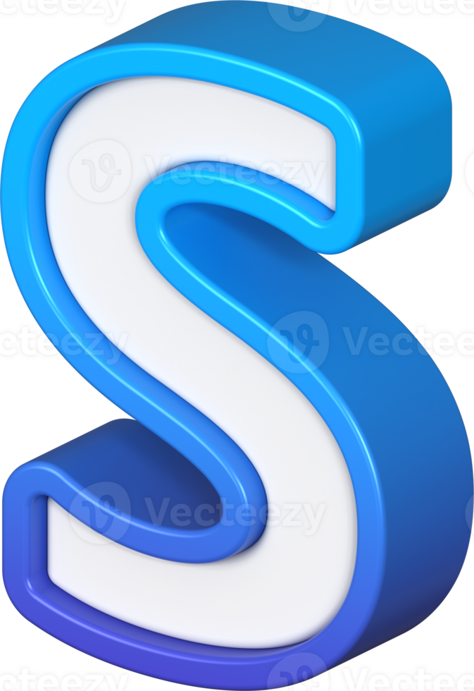 Isometric view of bold Letter S, stands out with its striking blue and white gradient, ready for visual communication, emphasizing clarity and modern feel, 3d rendering png