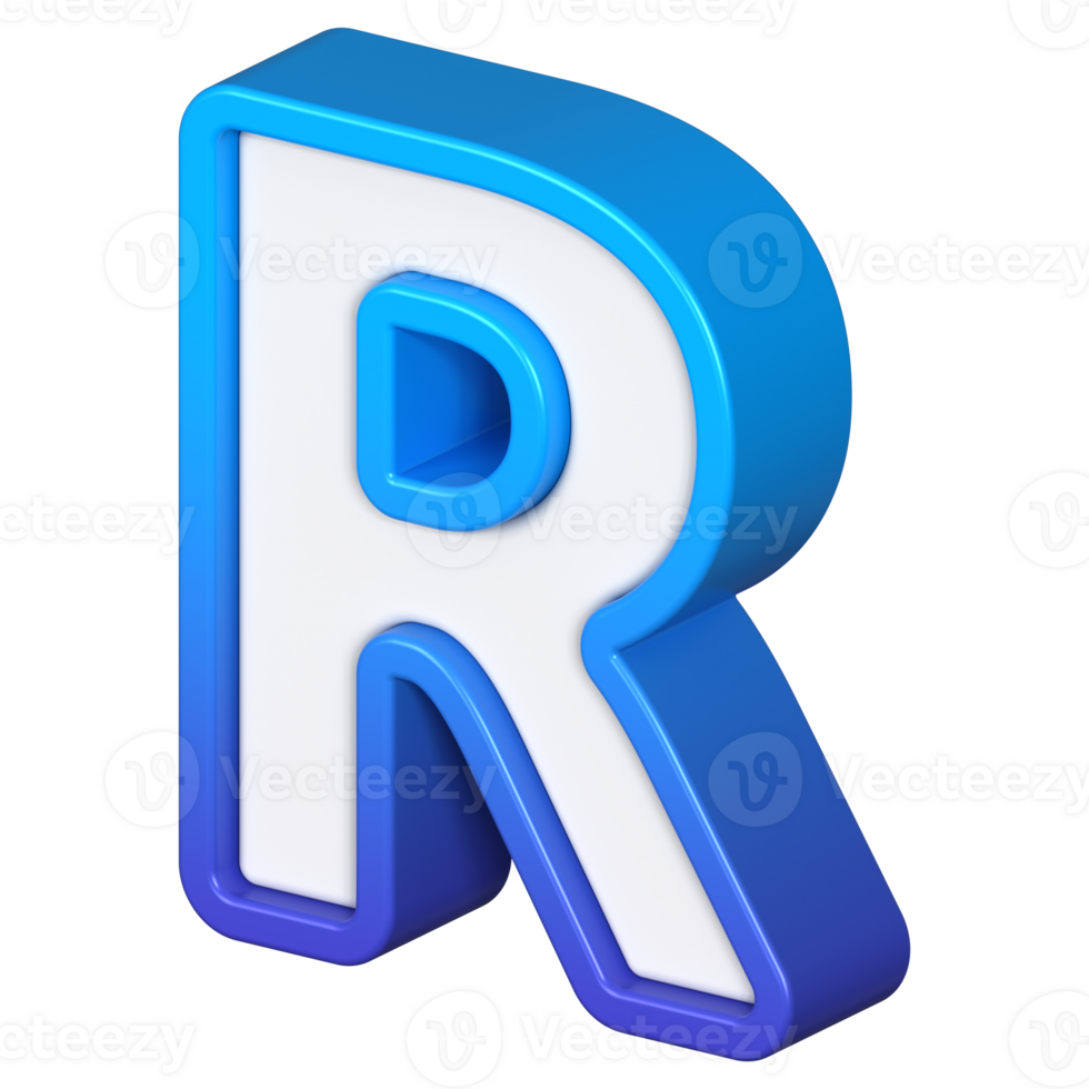 Isometric view of bold Letter R, stands out with its striking blue and white gradient, ready for visual communication, emphasizing clarity and modern feel, 3d rendering png