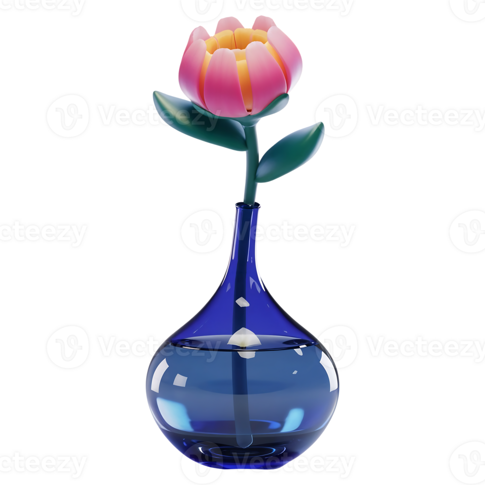 Vibrant Pink Flower in a Glossy Blue Glass Vase on Transparent Background png