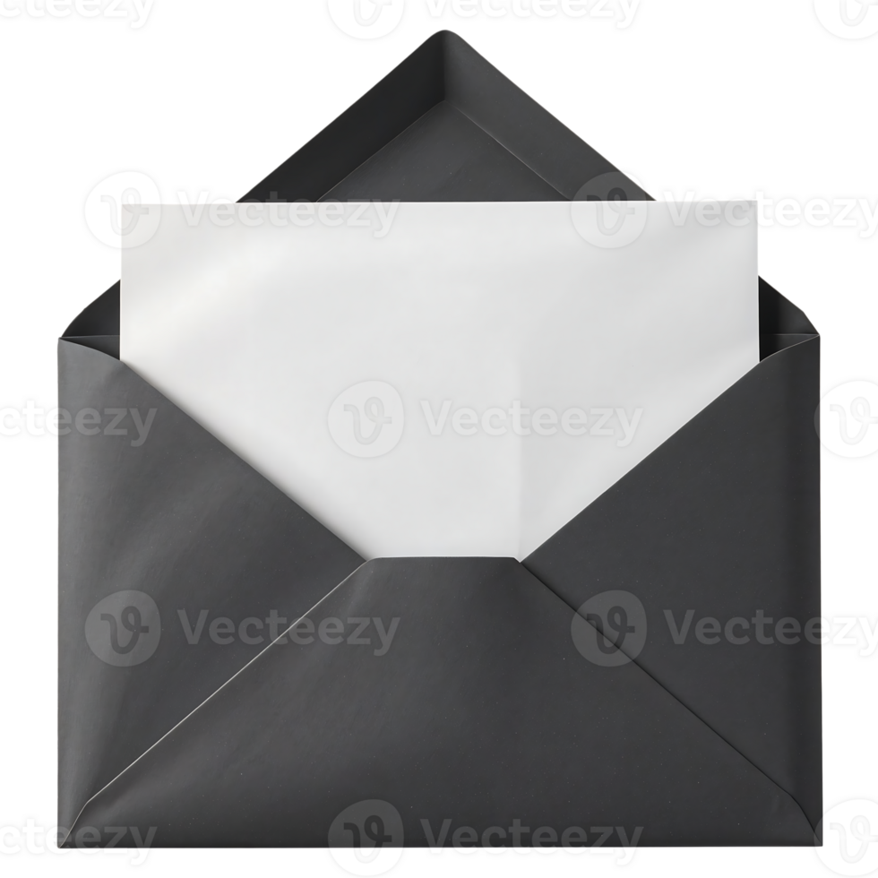 Open Charcoal Envelope with Blank Note on Transparent Background png