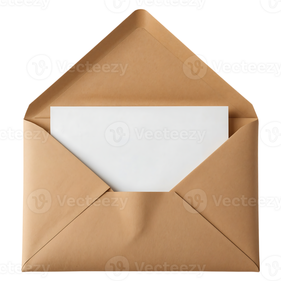 Open Kraft Envelope with Blank Note on Transparent Background png