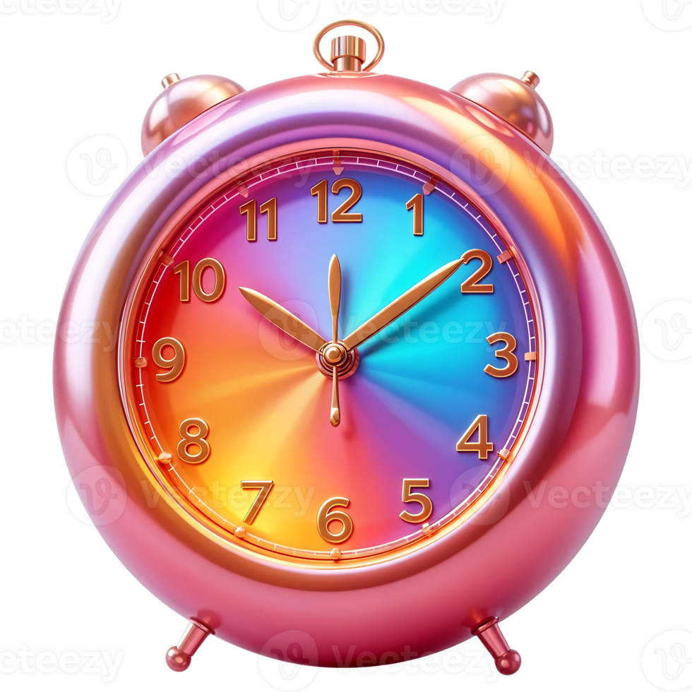 3D Colorful Clock with Bold Numbers and Glossy Finish on Transparent Background png
