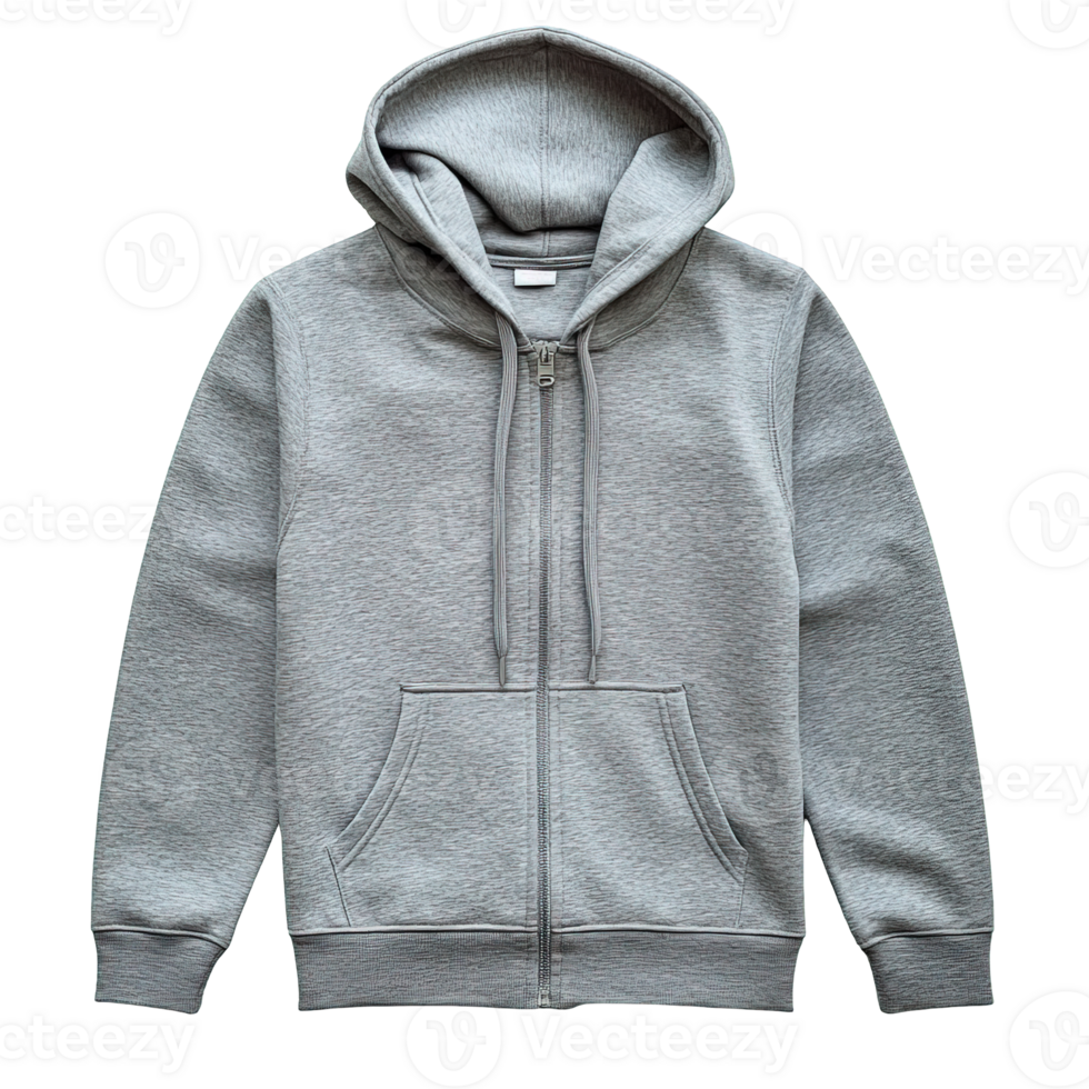 Premium Heather Gray Full-Zip Hooded Sweatshirt with Drawstring Hood and Front Kangaroo Pocket Isolated on Transparent Background png