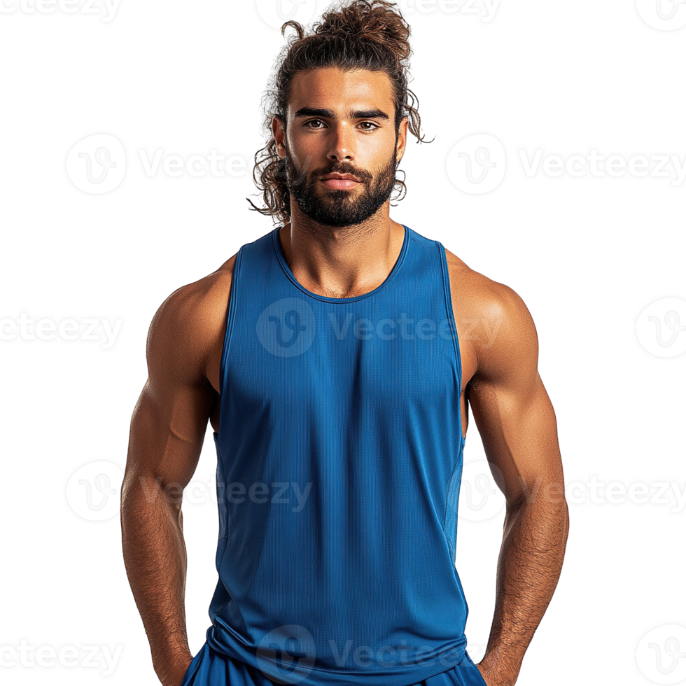 Athletic Male Model with Beard and Styled Hair Wearing Blue Fitness Tank Top Against Transparent Background png