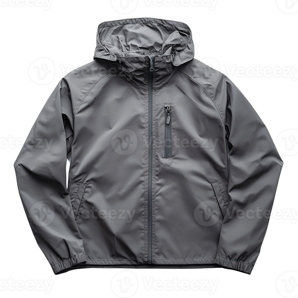 Stylish and Functional Grey Hooded Windbreaker with Elastic Cuffs and Pockets png