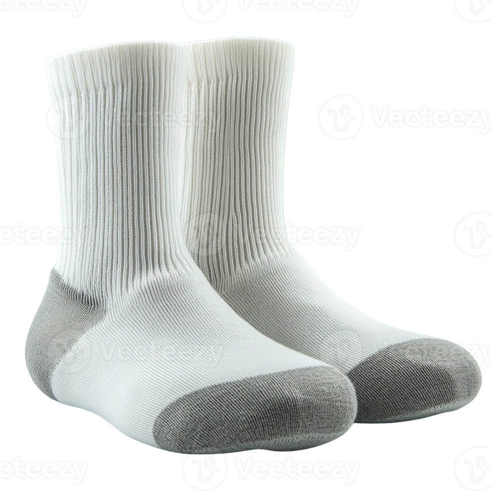 Ribbed White Cotton Socks with Cushioned Grey Heels and Toes Isolated on a Transparent Background png