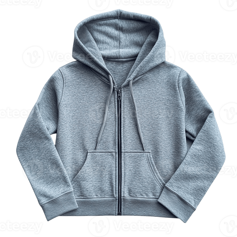 Classic Heather Gray Zip-Up Hooded Sweatshirt with Front Kangaroo Pockets Isolated on Transparent Background png