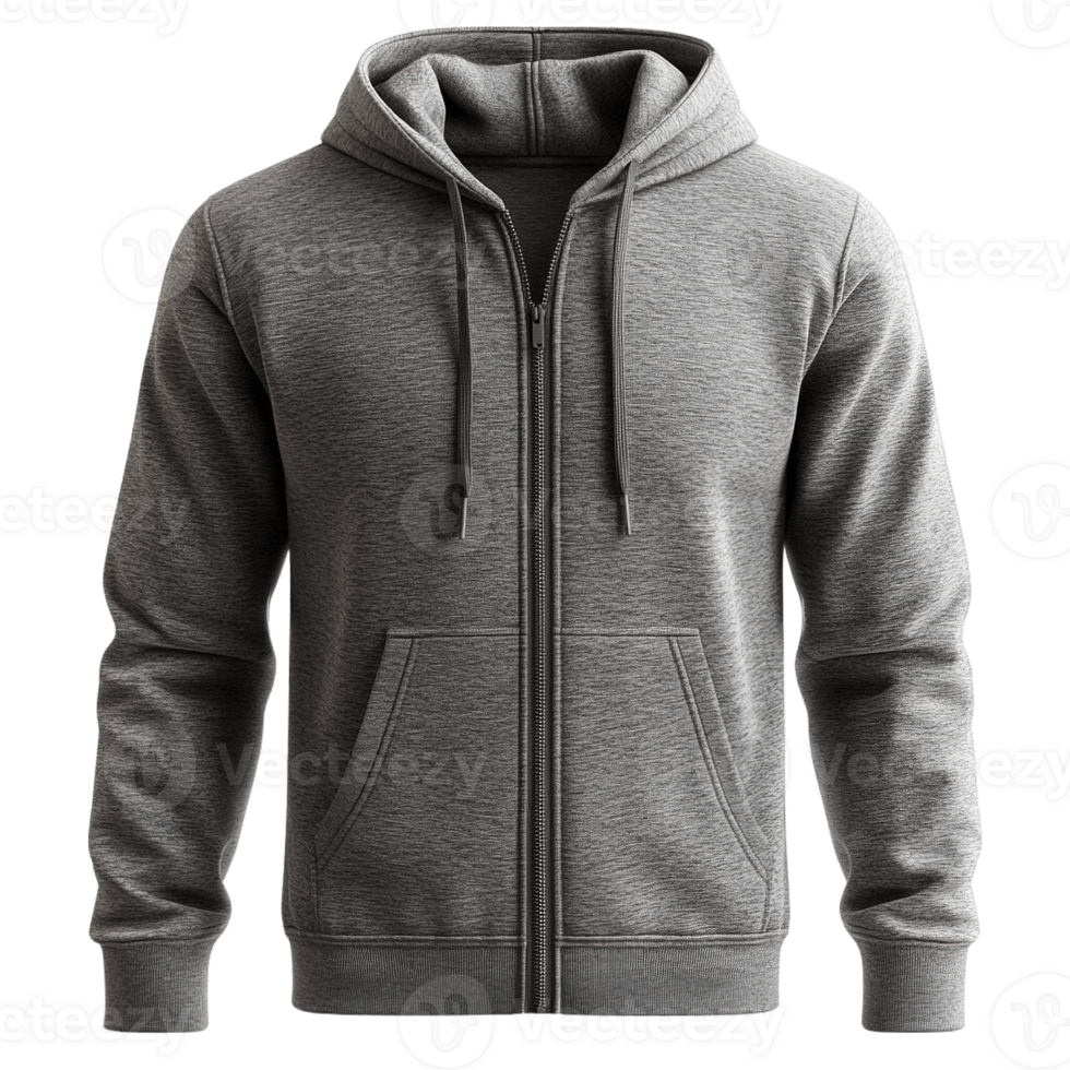 Modern Unisex Textured Gray Zip-Front Hoodie with Front Pockets Isolated on Transparent Background png