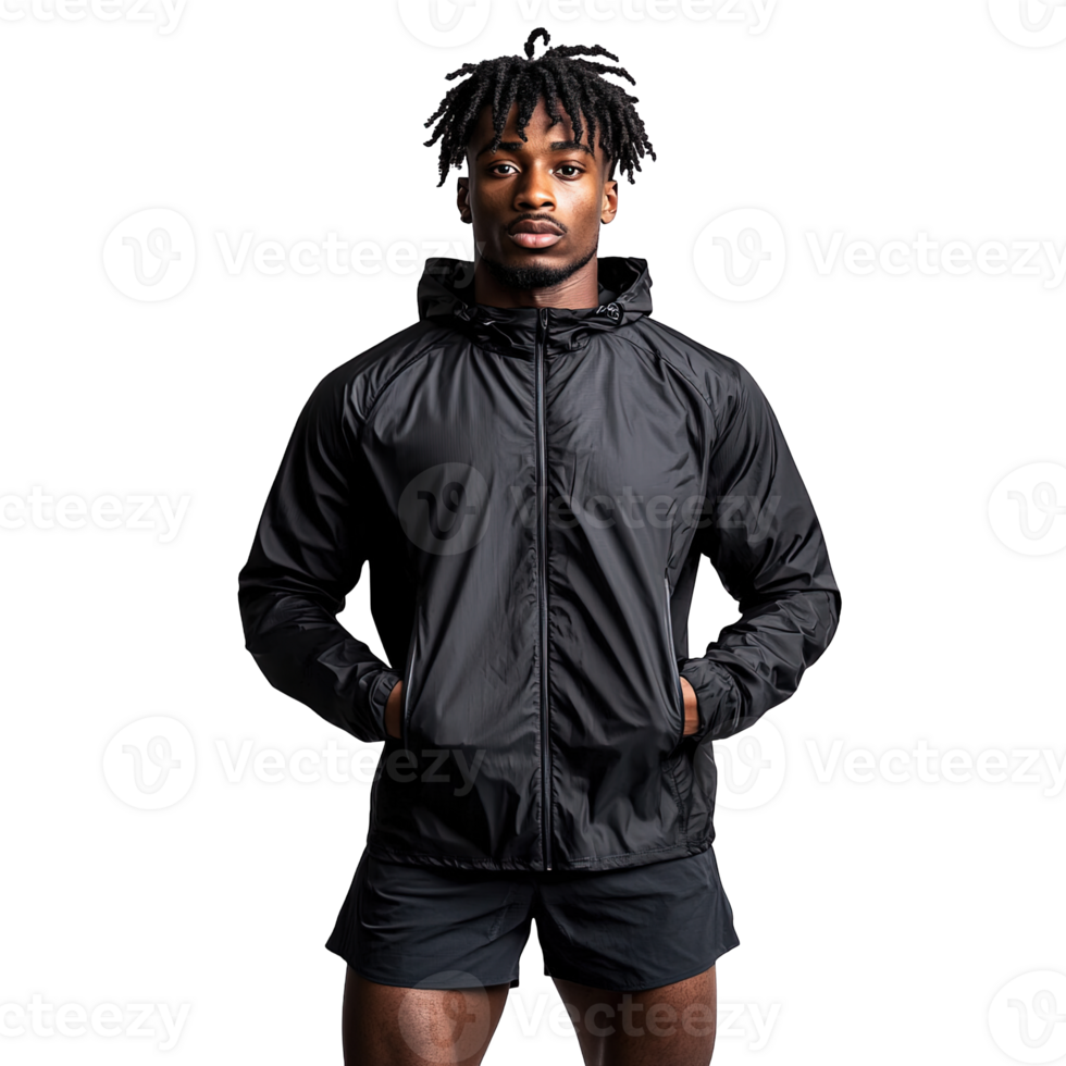 Young Athletic Man with Dreadlocks Wearing Black Waterproof Hooded Jacket and Performance Running Shorts Against Transparent Background png