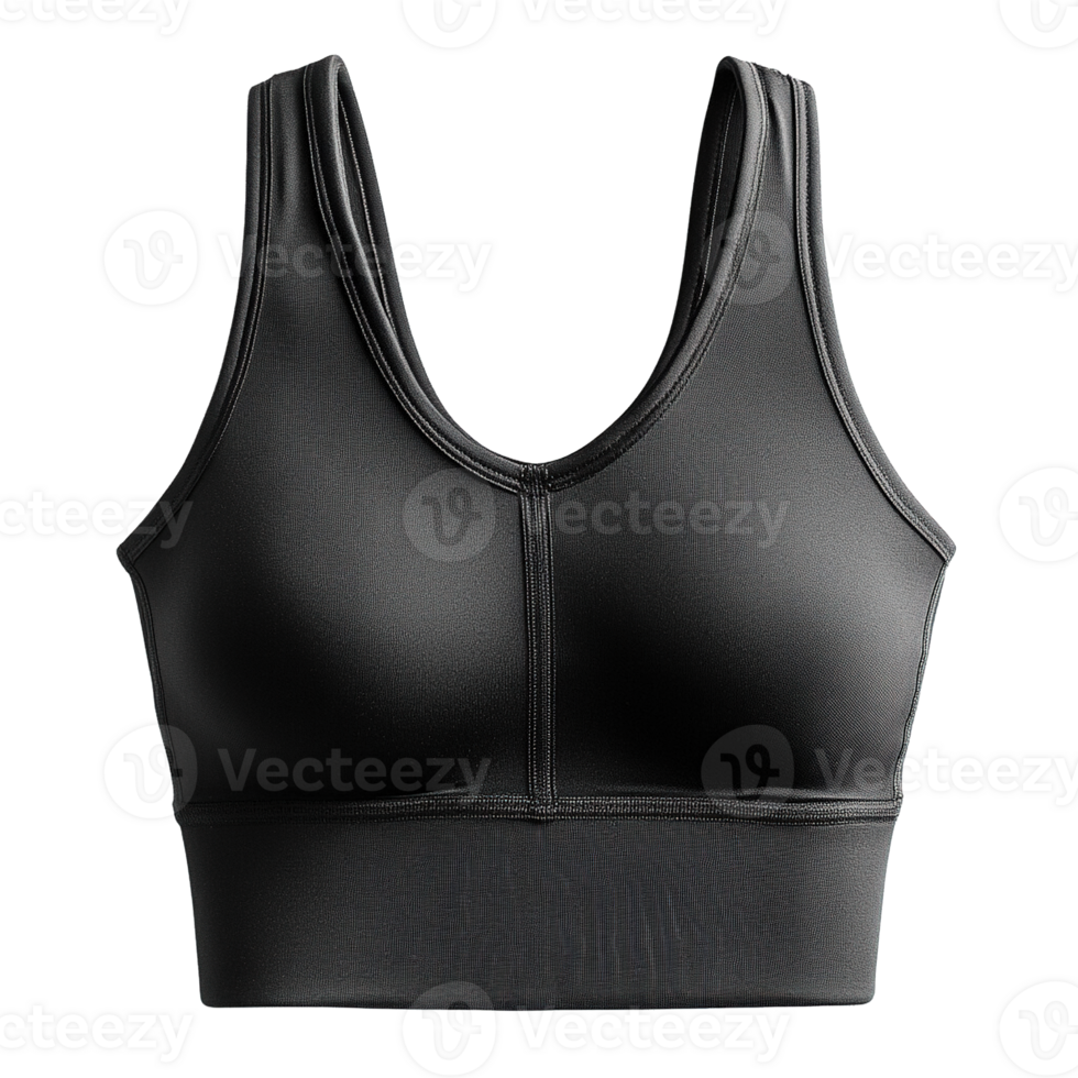 Womens Black Sports Bra with Breathable, Flexible, and Supportive Fabric Isolated on Transparent Background png
