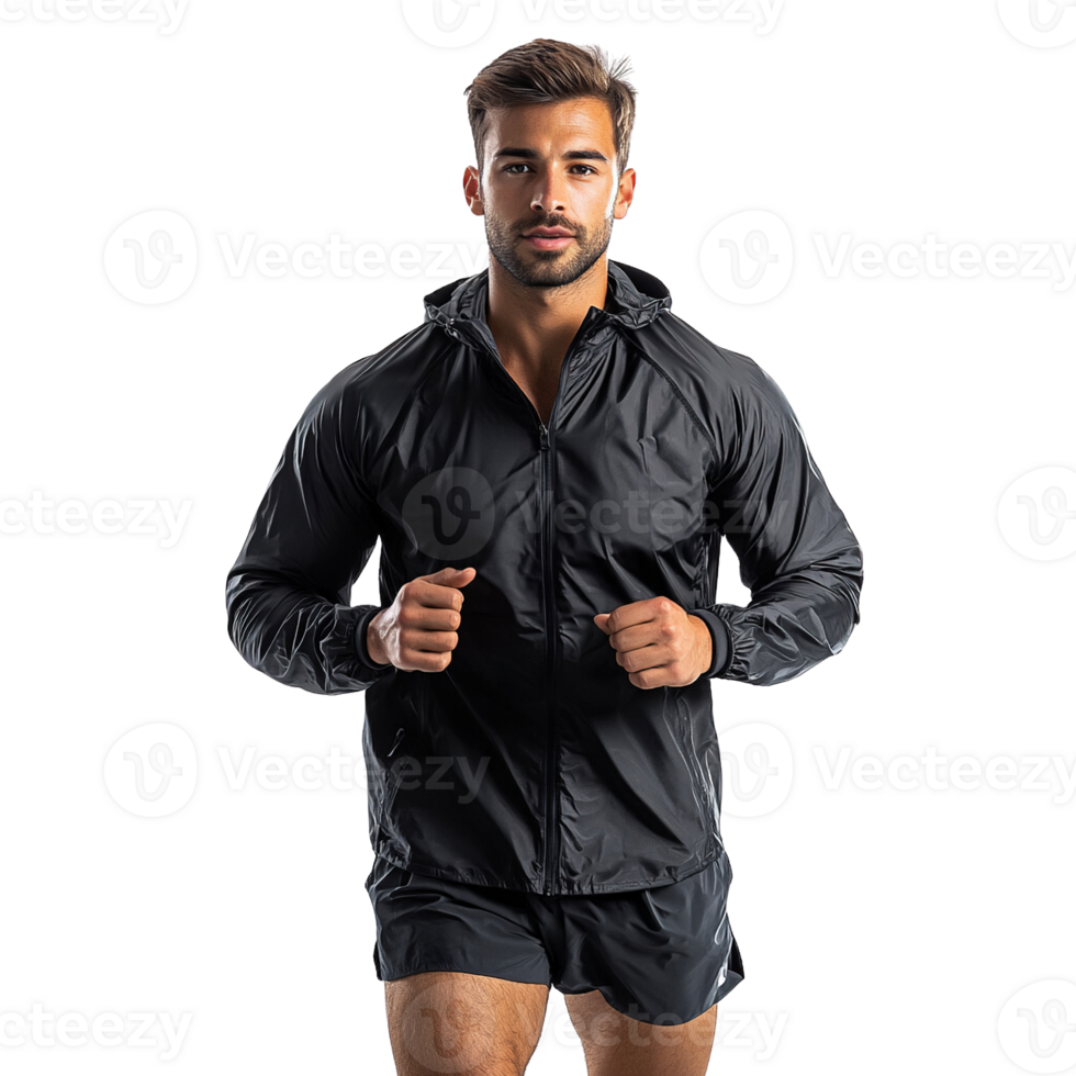 Athletic Male Model with Styled Hair and Beard Wearing Black Lightweight Windbreaker Jacket and Running Shorts in Dynamic Jogging Pose Against Transparent Background png
