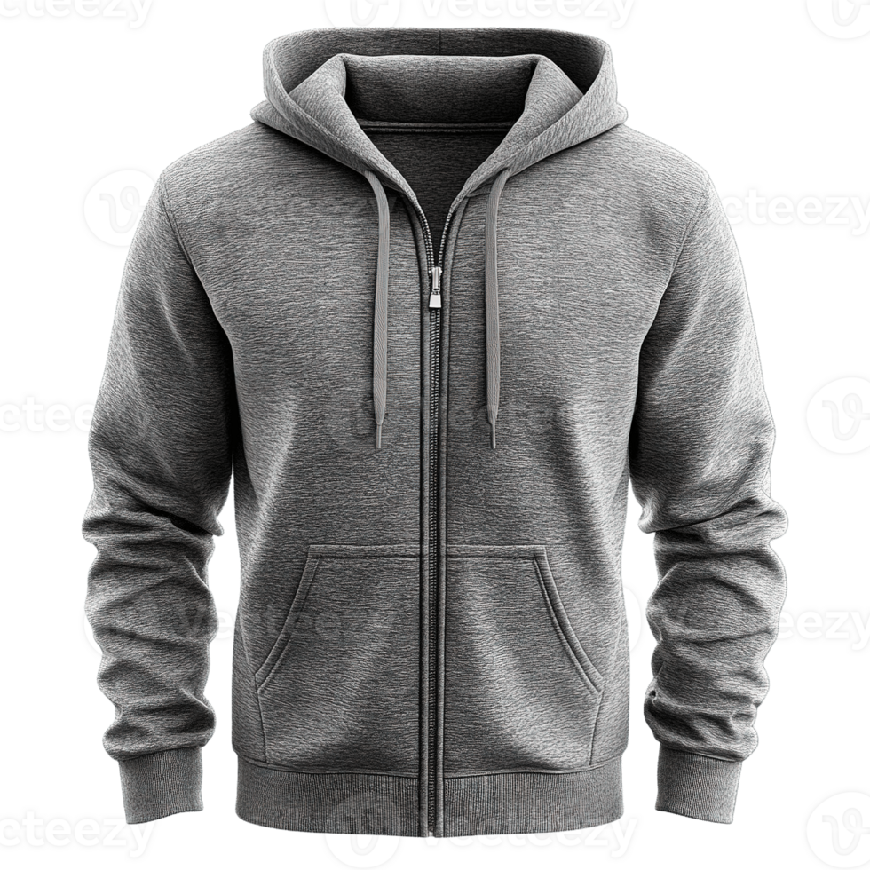 Premium Charcoal-Toned Gray Melange Zip-Up Hooded Sweatshirt with Front Pockets and Metal Zipper Detail Isolated on Transparent Background png