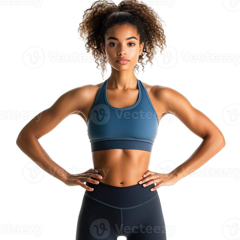 Strong and Confident Athletic Female Model in Blue Sports Bra and Black Leggings Posing with Hands on Hips Against a Transparent Background png