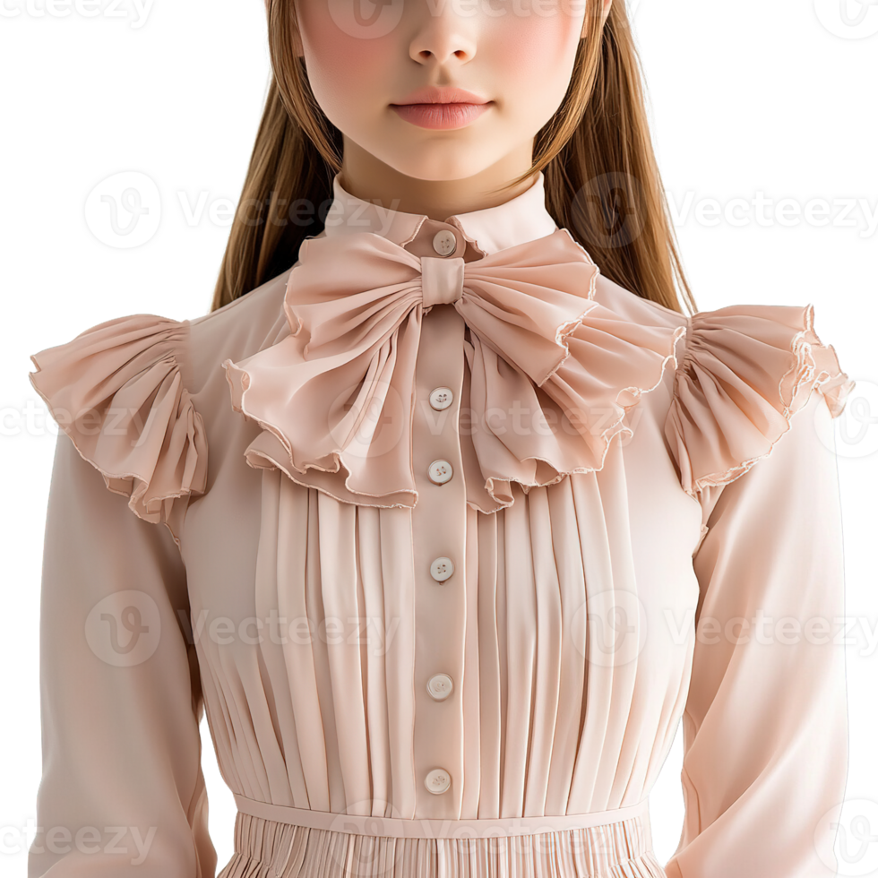 Romantic Vintage-Style Blouses with Delicate Ruffles, Feminine Bows, and Soft Pleated Designs on Transparent Background png