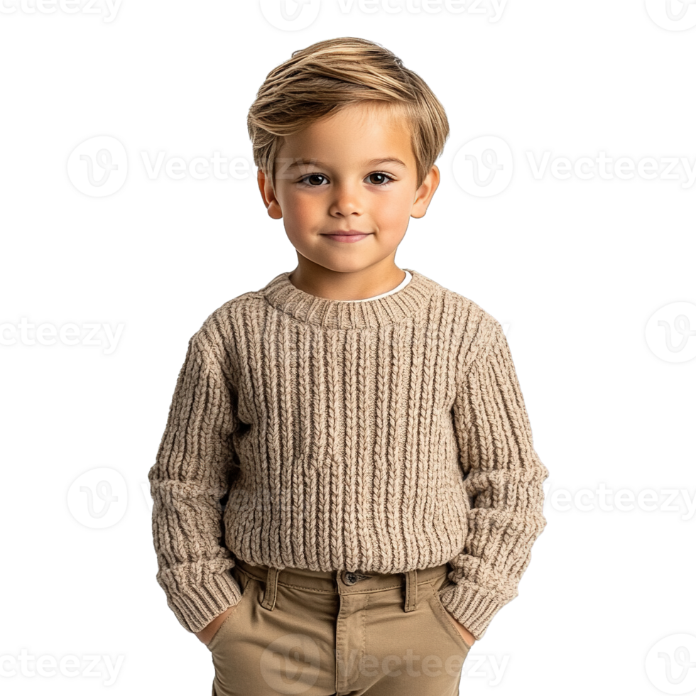 Cute and Handsome Boy Smiling in a Soft Knitted Sweater and Trendy Chino Pants on Transparent Background png