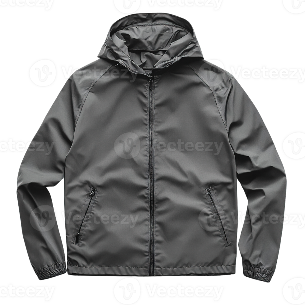 Grey Zip-Up Windbreaker Jacket Made from Water-Resistant Fabric for Running, Cycling, and Casual Wear png
