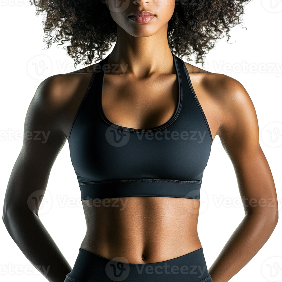 Athletic Woman in a Black Sports Bra and Leggings Showing a Toned and Fit Physique on Transparent Background png