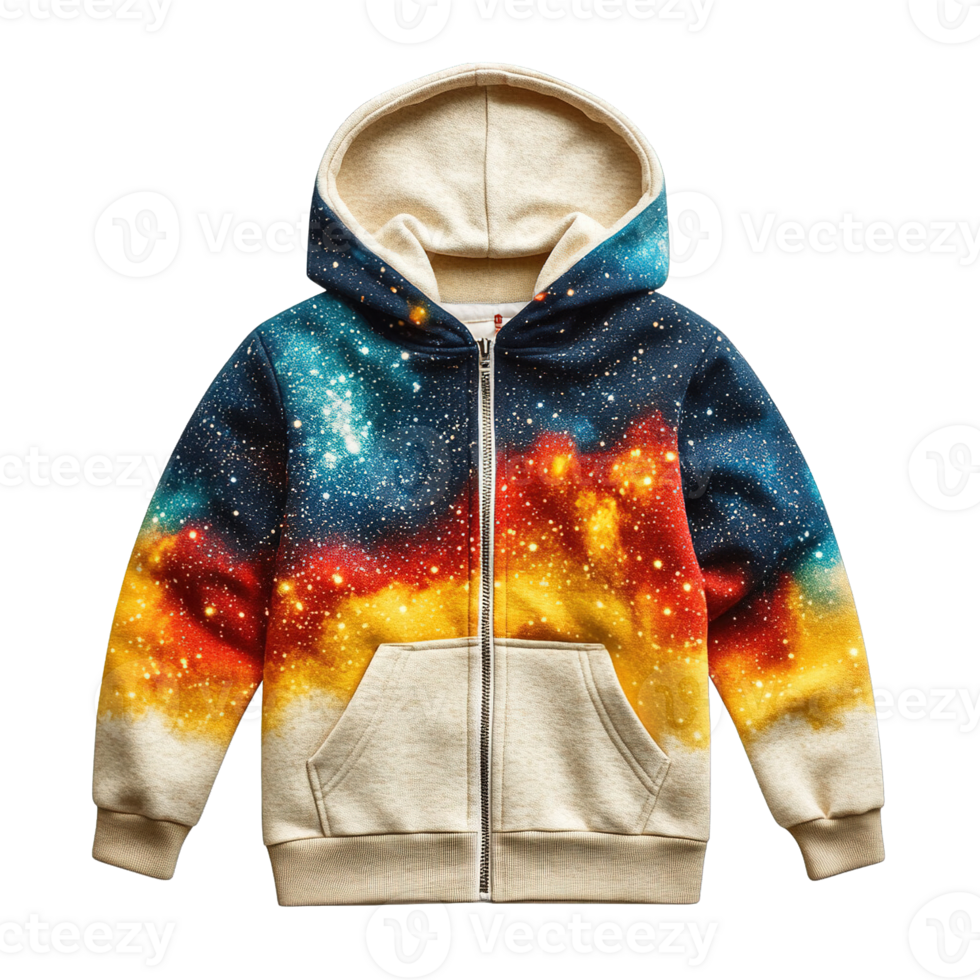 Children's Galaxy Print Hoodie with Cosmic Nebula Design in Blue, Orange and Yellow Gradient with Cream Trim and Front Pocket png