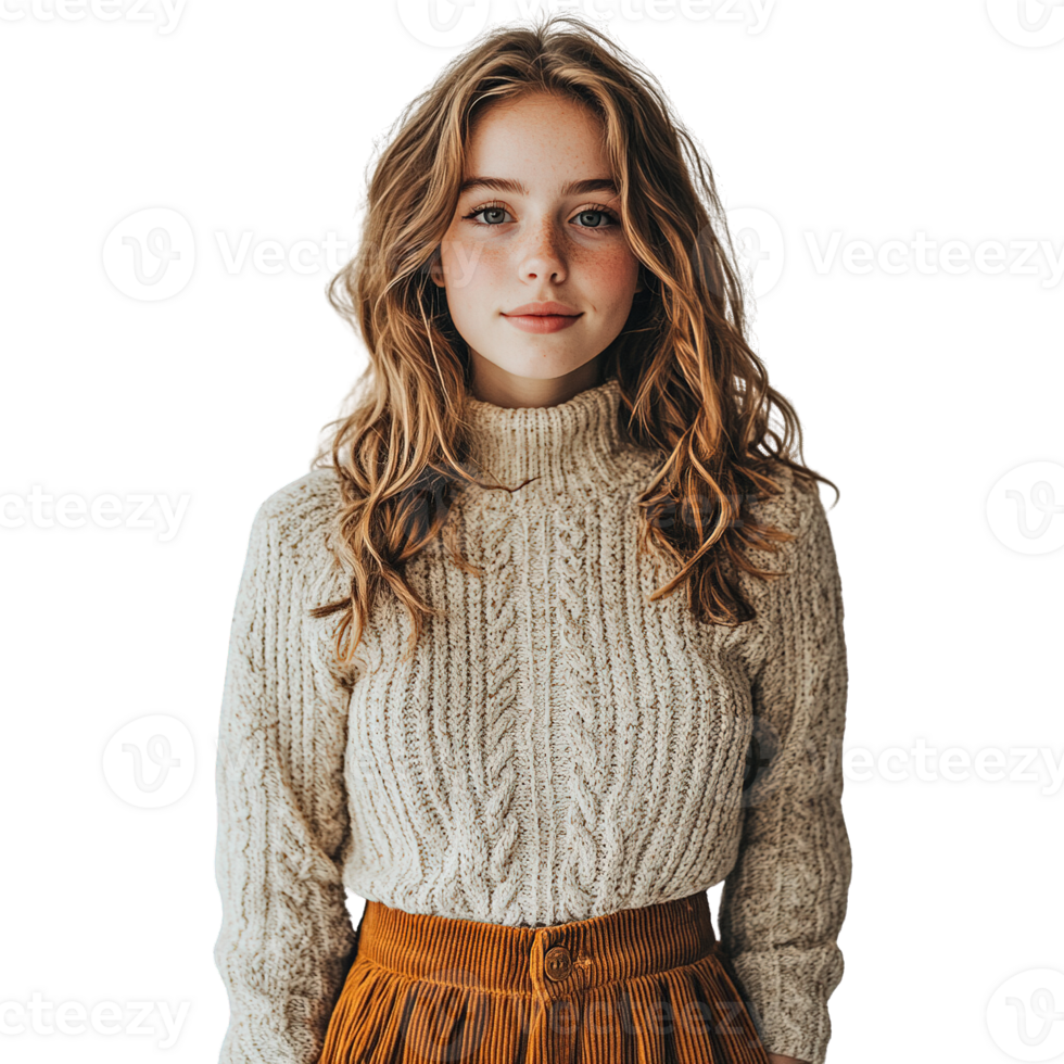Young Woman in Cozy Beige Knit Sweater and Corduroy Skirt Posing png