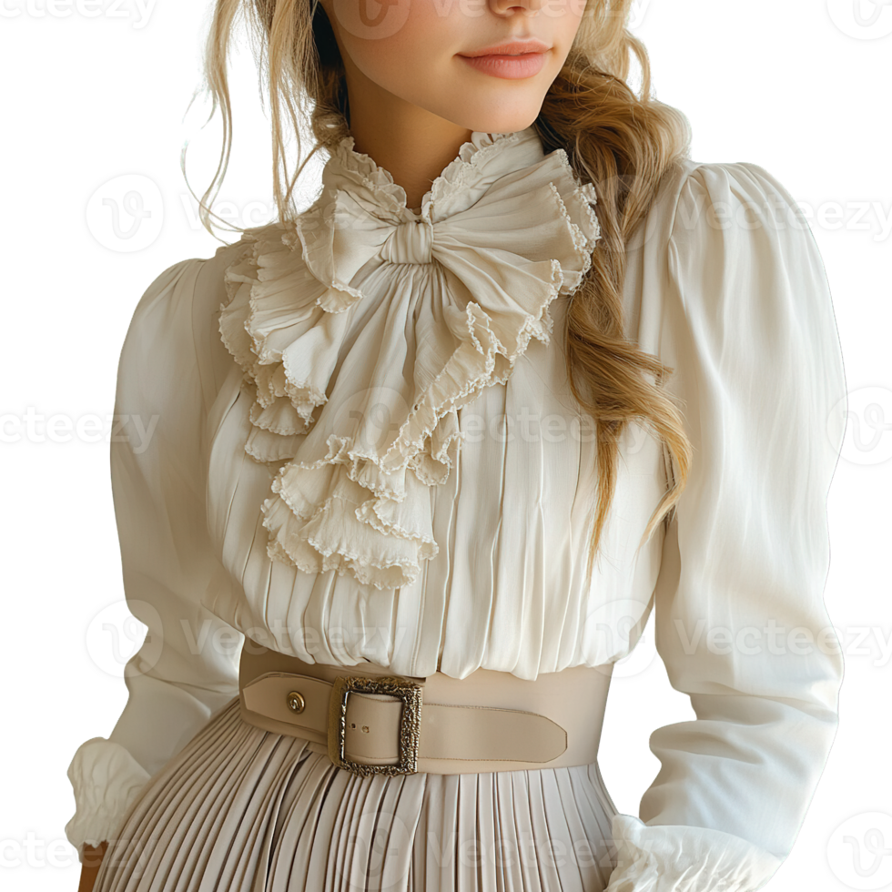 Women Dressed in Chic High-Collared Blouses with Elegant Ruffles and Flowing Pleats on Transparent Background png