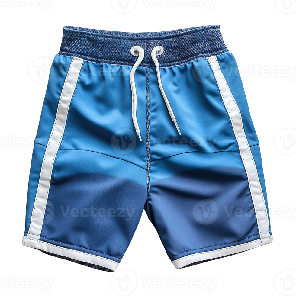 Boy's Athletic Style Swimming Shorts in Bright Blue with Decorative White Piping and Adjustable Drawstring Waist, Isolated on Transparent Background png