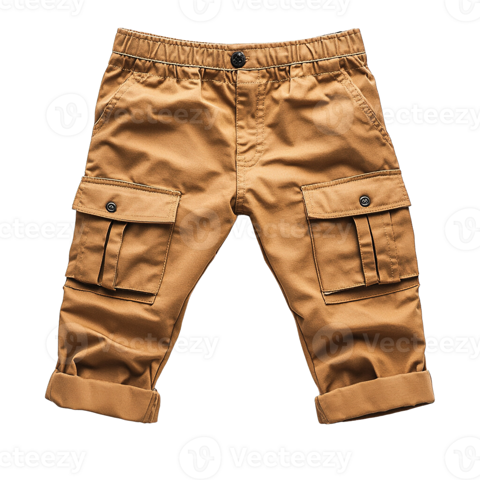 High-Quality Kids Adventure Cargo Pants with Roll-Up Cuffs, Practical Pockets, and Stretchable Waist on Transparent Background png