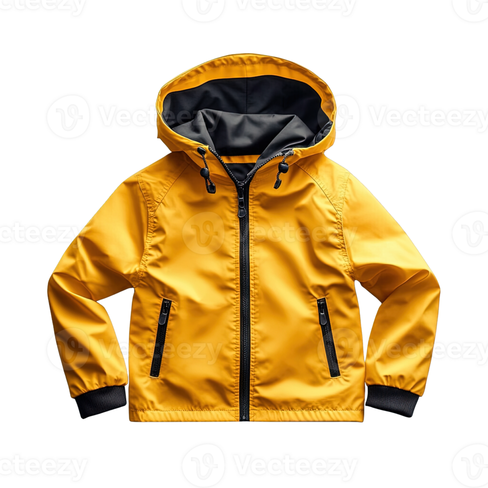 Trendy and Durable Children's Hooded Rain Jacket with Front Zipper and Waterproof Material on Transparent Background png