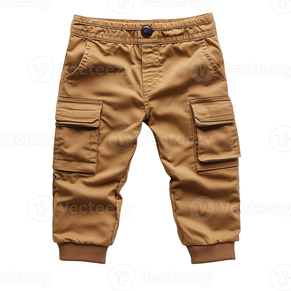 Durable Kids Cargo Trousers with Buttoned Flap Pockets, Elastic Waistband, and Rugged Design on Transparent Background png