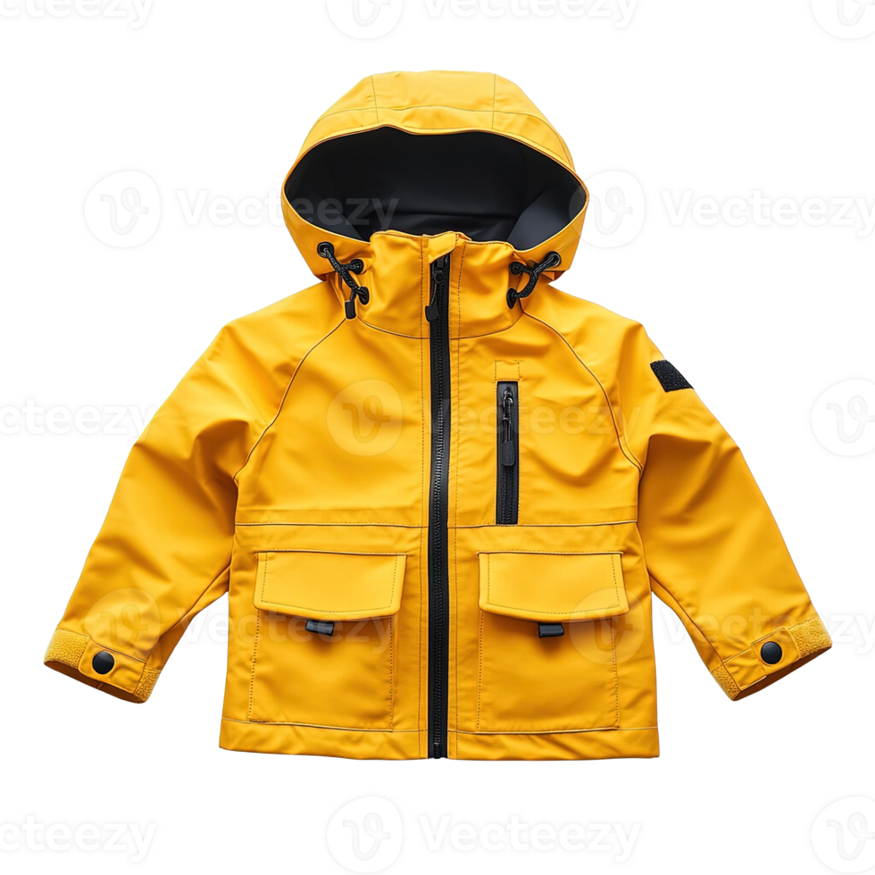 Stylish and Functional Kids' Rain Jacket in Vibrant Yellow with Black Accents and Adjustable Hood on Transparent Background png