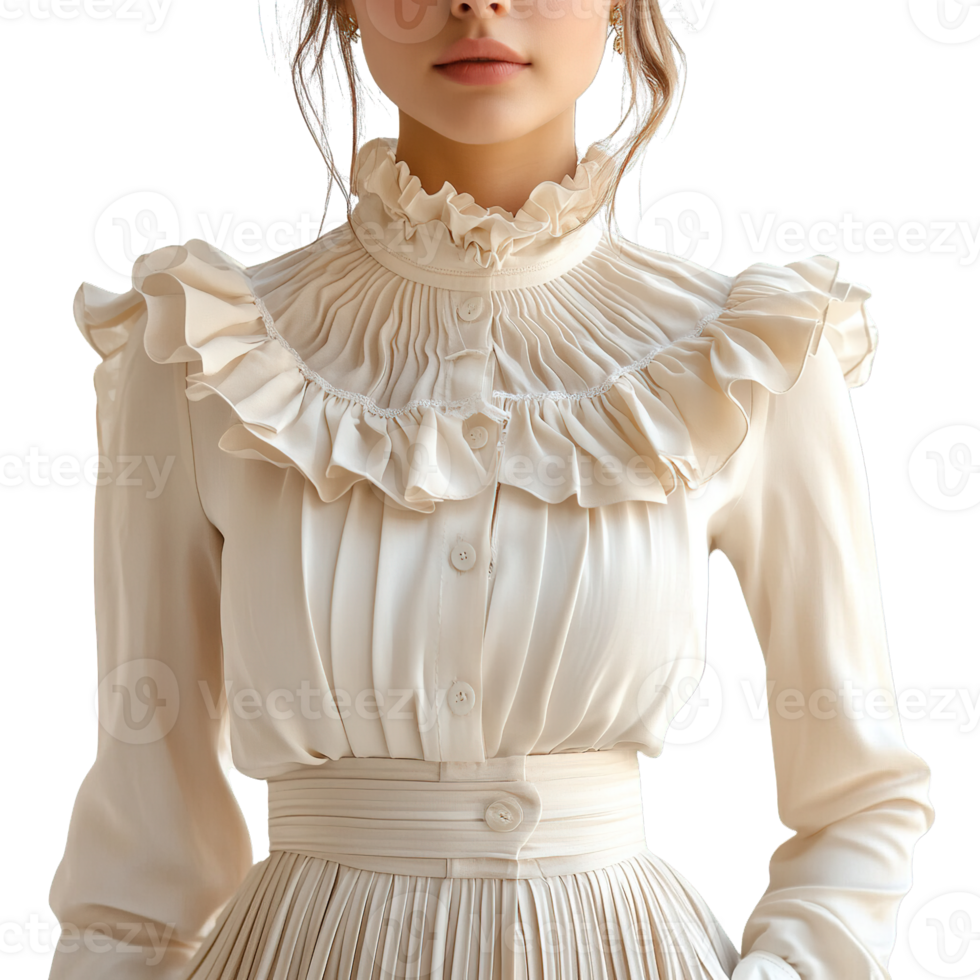 Graceful Womens Fashion Featuring High-Necked Blouses with Frilled Accents and Classic Pleated Skirts on Transparent Background png