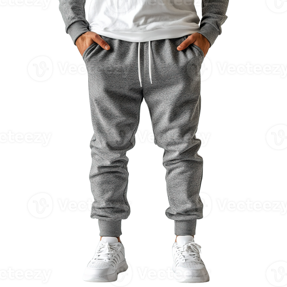 Sporty and Casual Mens Outfit Featuring Gray Jogger Sweatpants, White T-Shirt, and Sneakers Isolated on Transparent Background png