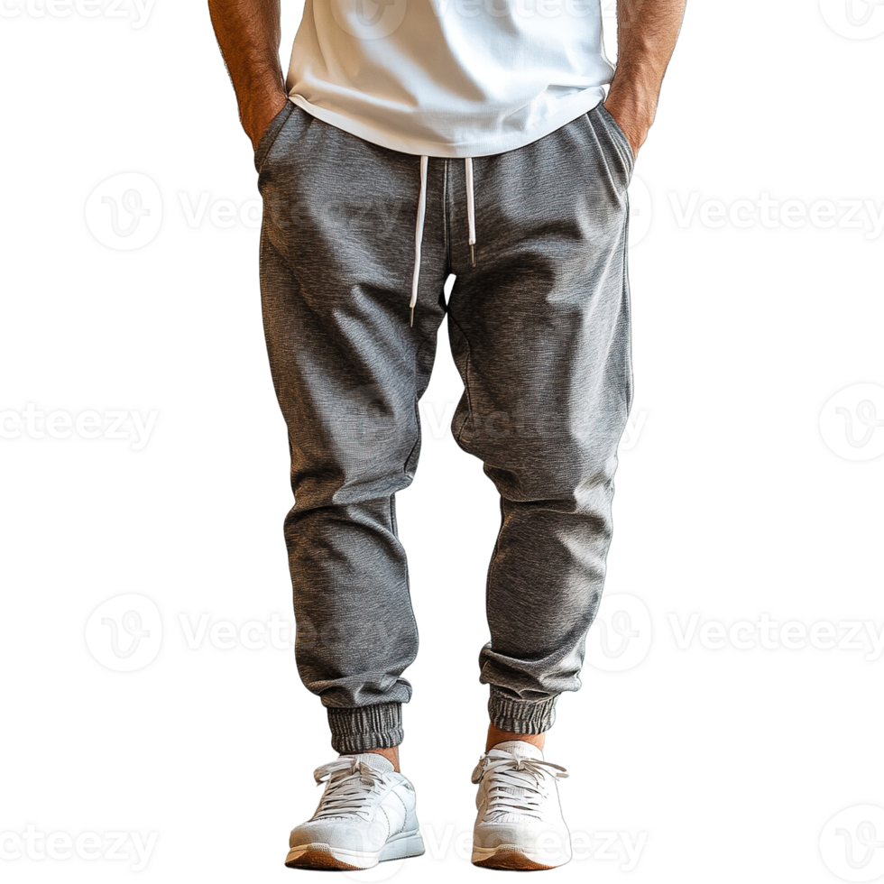 Male Model in Comfortable Gray Sweatpants with Ribbed Cuffs and Elastic Waistband Isolated on Transparent Background png