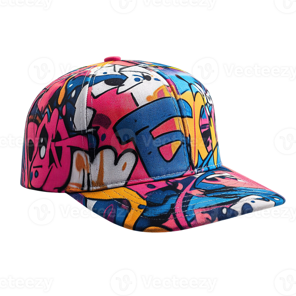 Close-Up of Fashionable Graffiti-Printed Snapback Hat Showcasing Bold Colors and Street Art Designs Isolated on Transparent Background png