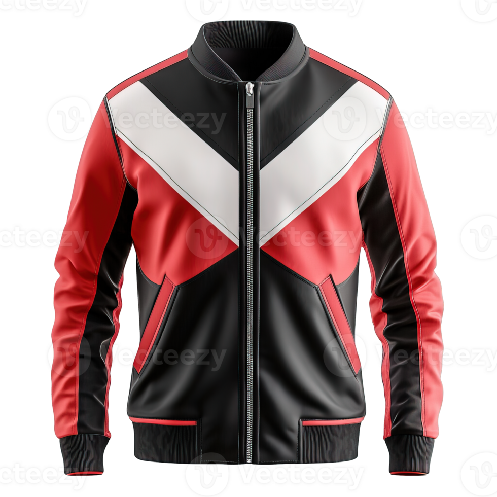 Front View of Trendy Athletic Jackets in Black, Red, and White with Unique Color Blocking and Racing Stripes Isolated on Transparent Background png