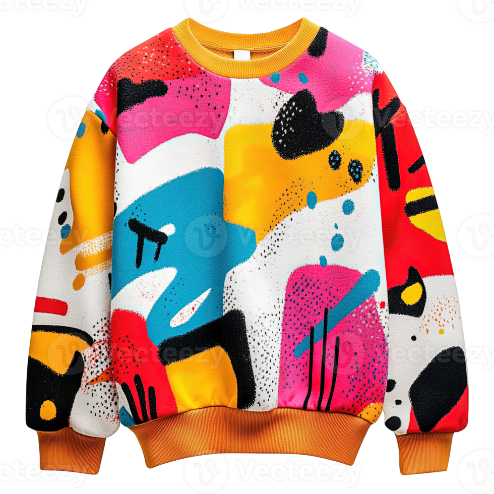 Bold and Artistic Sweatshirt with High-Contrast Abstract Graphics in a Playful Fusion of Shapes and Paint Textures png