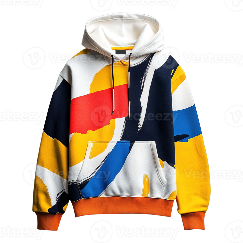 Vibrant and Artistic Hoodie with Bold Patterns Isolated on Transparent Background png