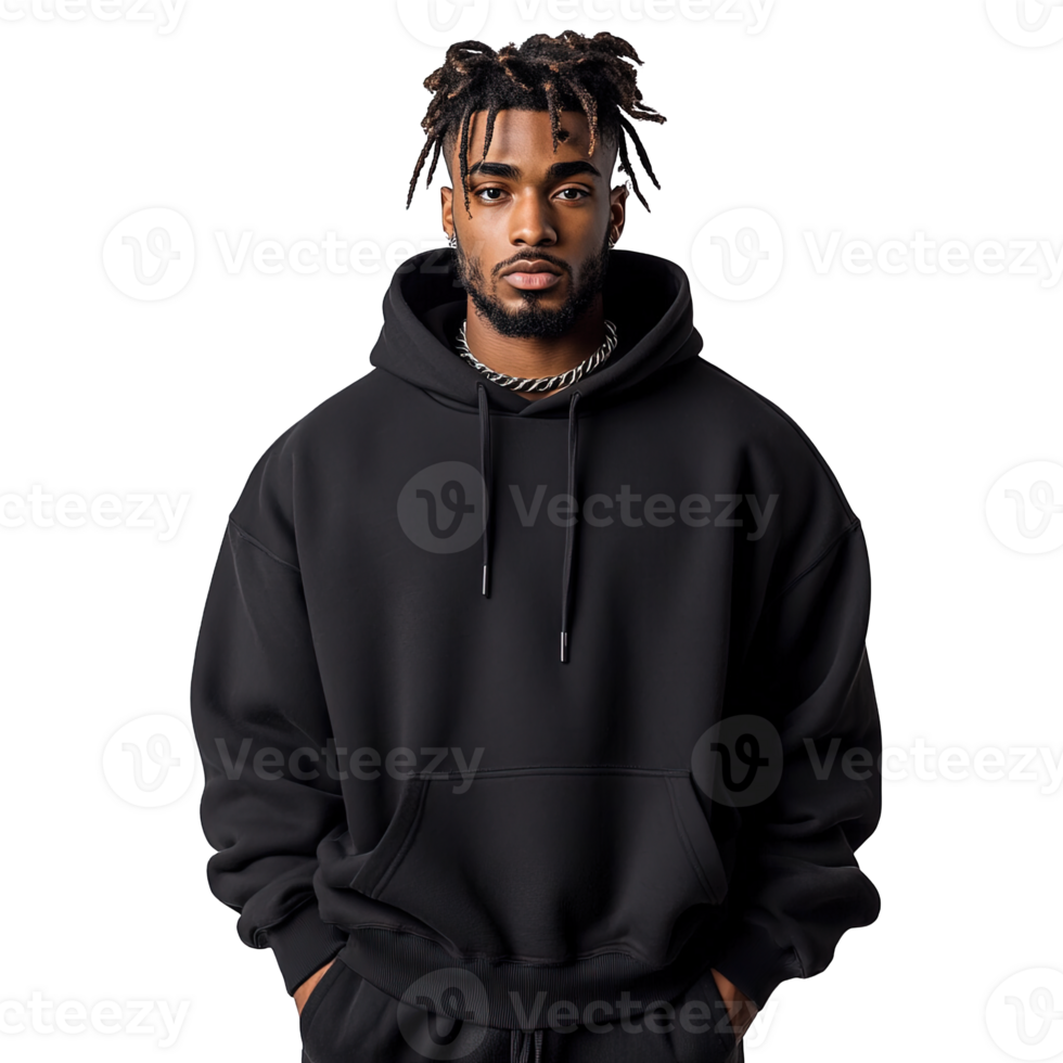 Fashionable Young Man in an All-Black Oversized Hoodie Isolated on Transparent Background png