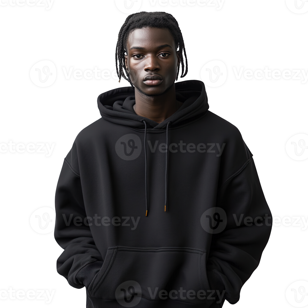 Trendy Oversized Black Hoodie on Stylish Male Model Isolated on Transparent Background png