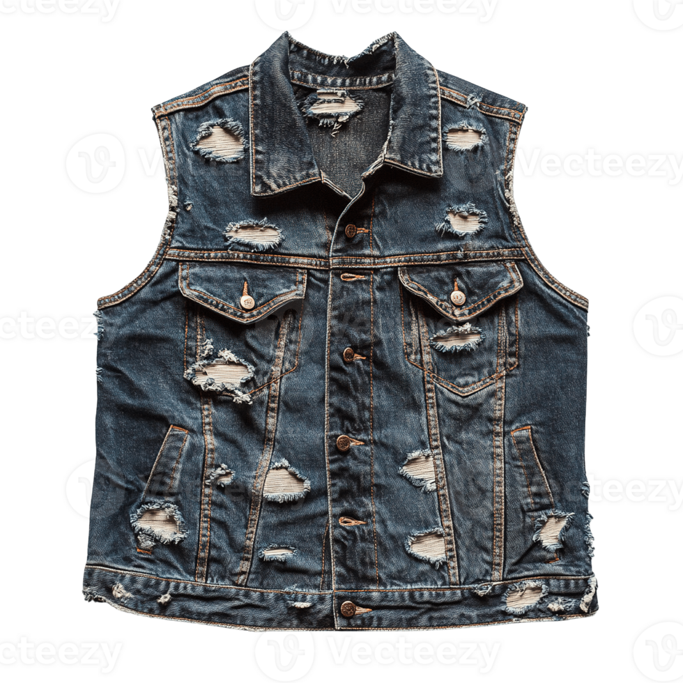 Rugged and Edgy Distressed Jean Vest with Frayed Hem and Torn Fabric on Transparent Background png