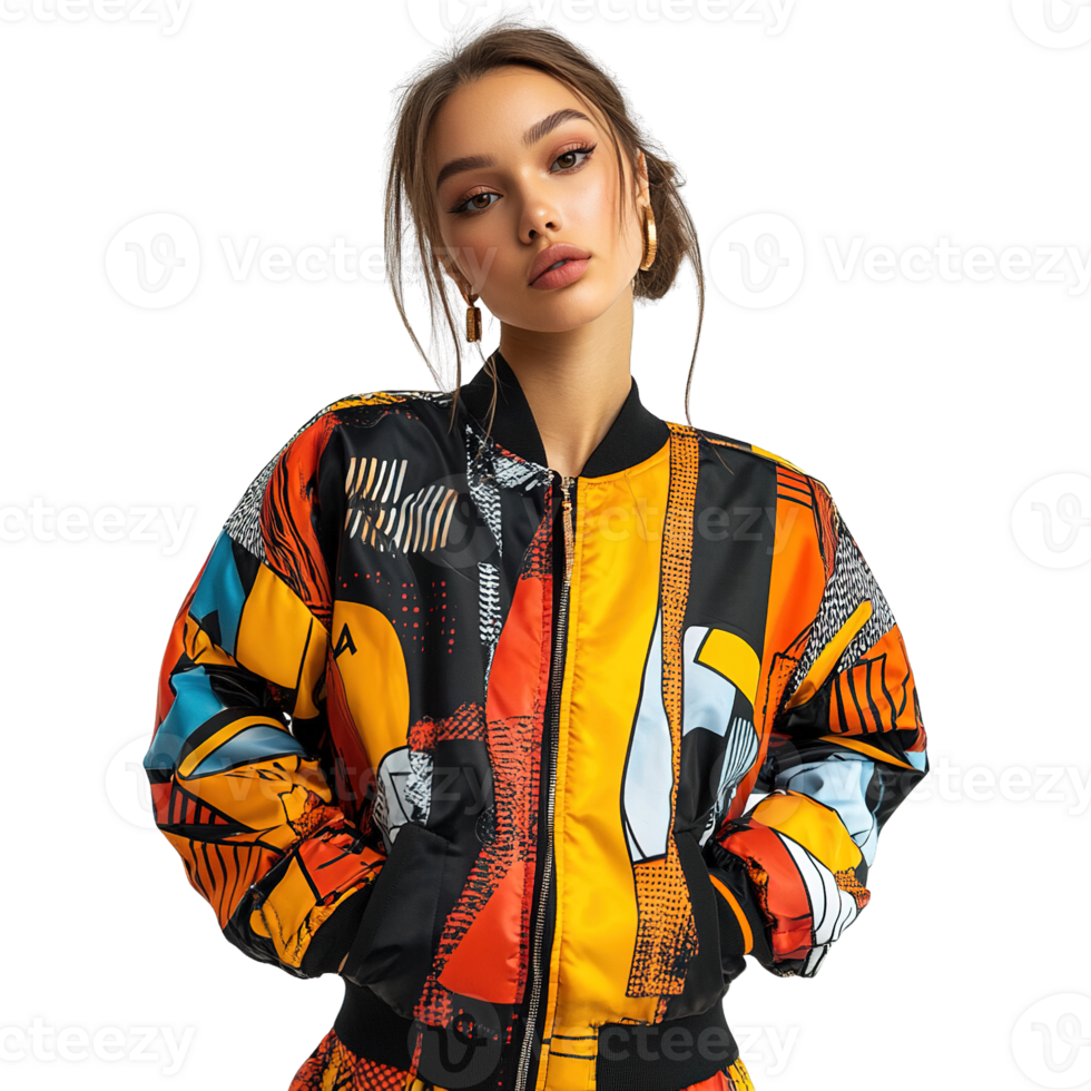 Female Model Wearing Eye-Catching Bomber Jacket with Abstract Art Motifs png