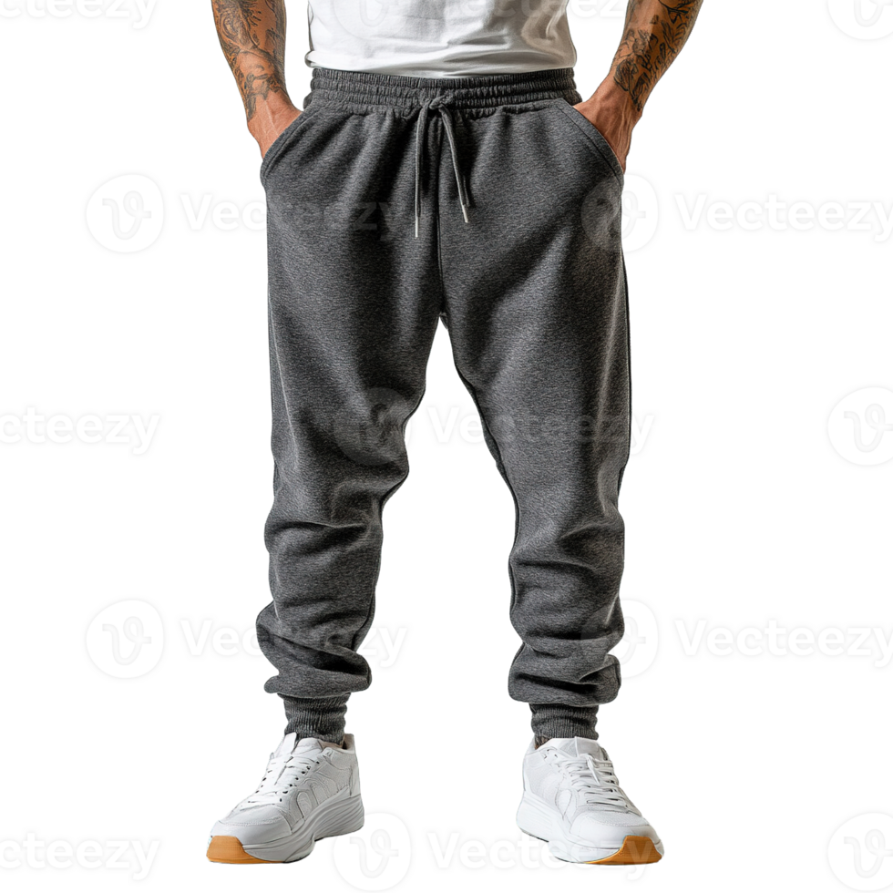 Young Man Showcasing Trendy Gray Jogger Pants with Side Pockets and Relaxed Fit Isolated on Transparent Background png