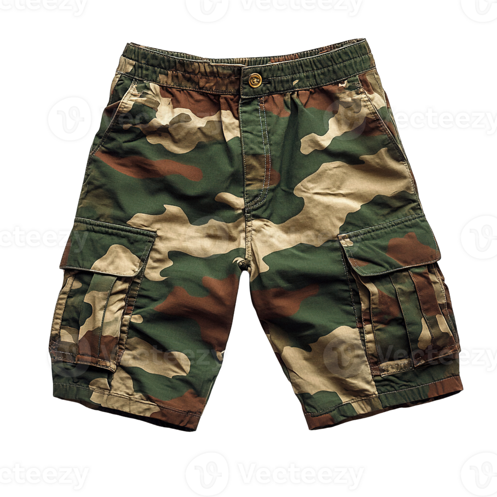 Trendy Outdoor Adventure Cargo Shorts with Camo Print, Durable Fabric, and Practical Storage Pockets Isolated on Transparent Background png