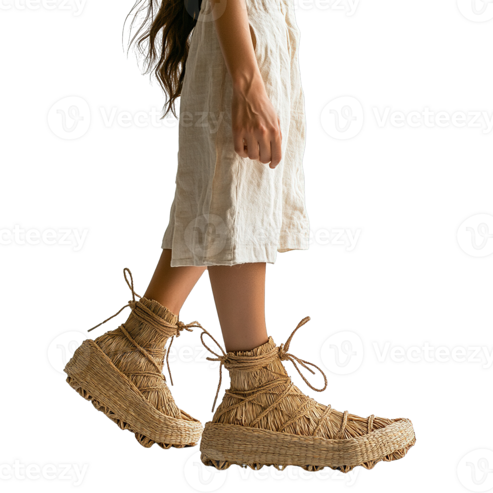 Walking Woman in Linen Dress Showcasing Unique Biodegradable Shoes Crafted from Natural Straw Fibers png