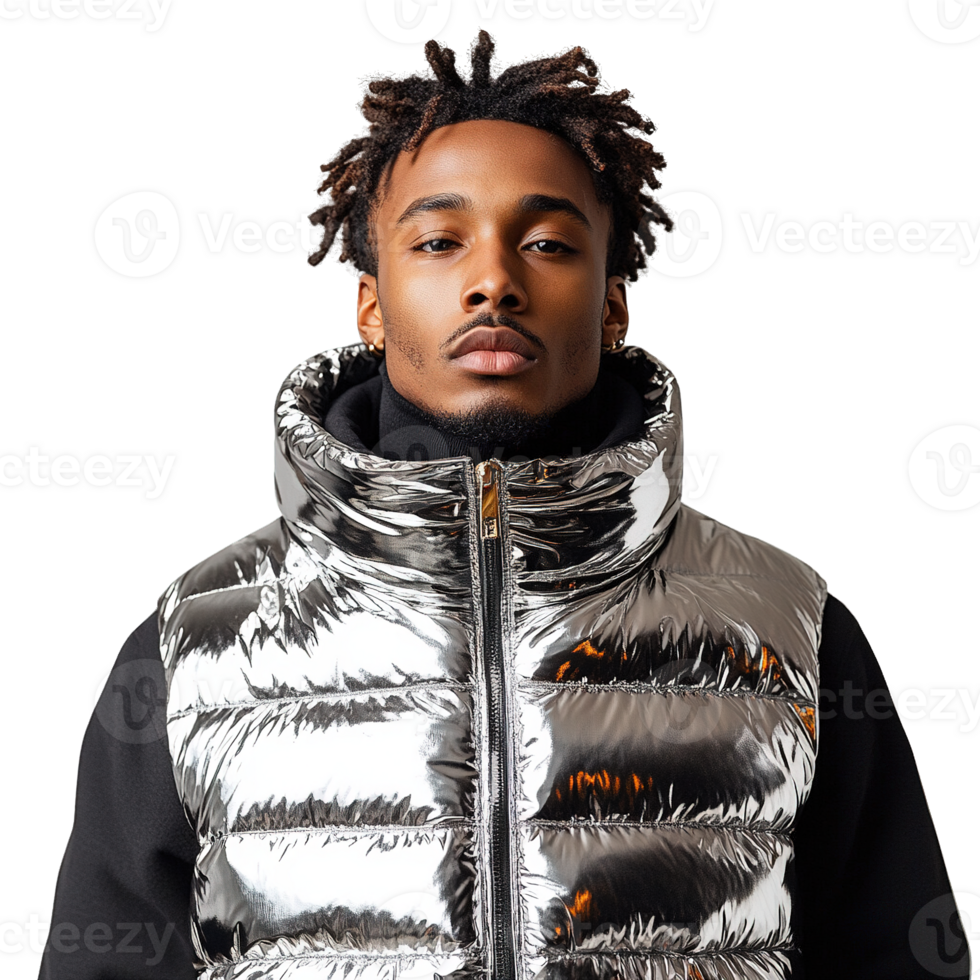 Fashionable Male Model Wearing a Glossy Black and Silver Puffer Vest png