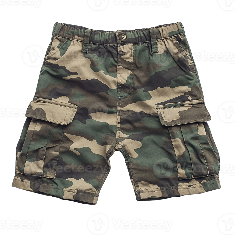 Classic Military Camouflage Cargo Shorts with Rugged Fabric and Tactical Pocket Details Isolated on Transparent Background png