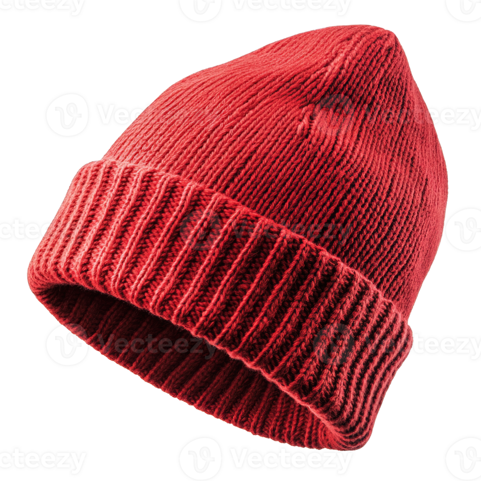 Vibrant Red Knitted Winter Beanie Hat with Ribbed Fold-Up Cuff on Transparent Background png